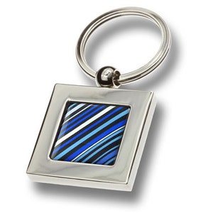 70&#39;s Tie Keyring - Blue, Black & White Diagonal Stripes
