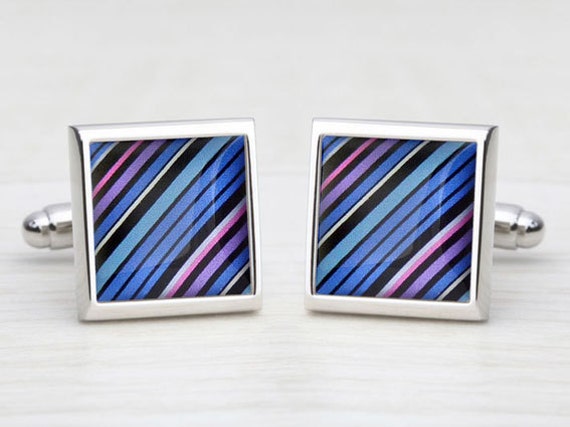 Pink, Blue, Aqua, Black & White "70's Tie" Diagonal Stripe Cufflinks
