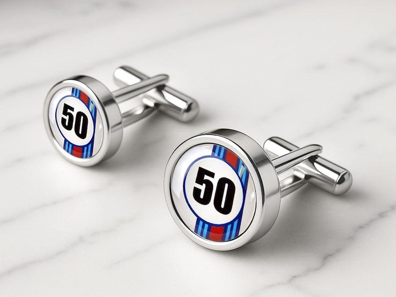 Personalised Racing Number cufflinks, stainless steel cufflinks with a vintage inspired racing car number insert with red and blue stripes along with a personalised number