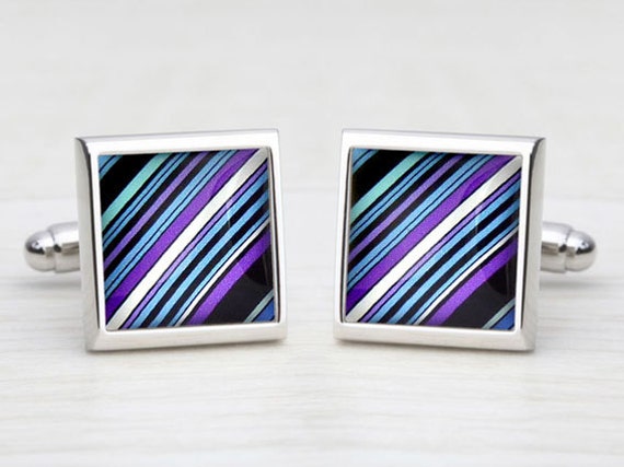 Purple, Blue, Black & White "70's Tie" Diagonal Stripe Cufflinks