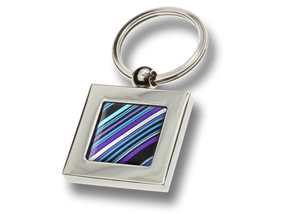 70's Tie Keyring - Purple, Blue, Black & White Diagonal Stripes