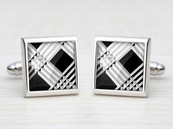 Monochrome Black & White Geometric Square Cufflinks