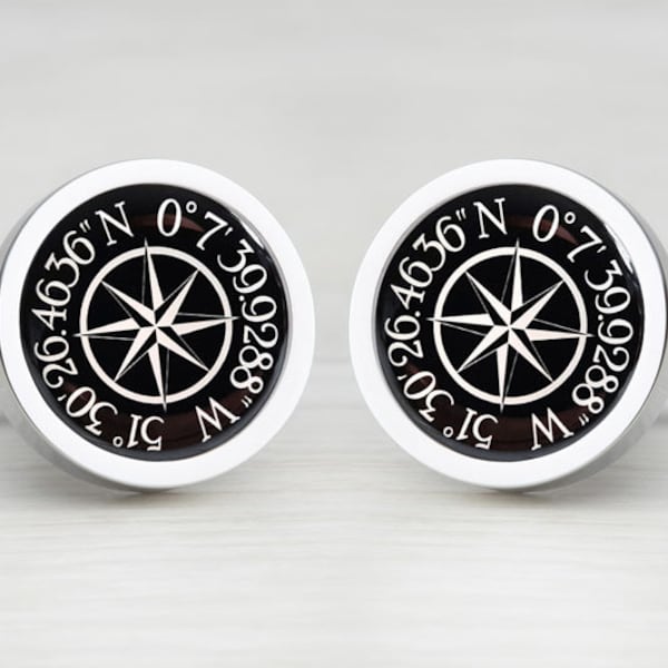 Personalized Compass GPS Coordinate Location Map Cufflinks