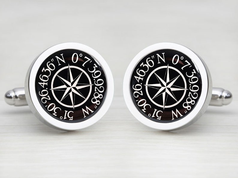 Personalized Compass GPS Coordinate Location Map Cufflinks Black