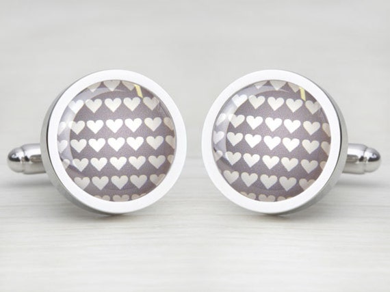 Graphite Grey 'Little White Lovehearts' Round Cufflinks