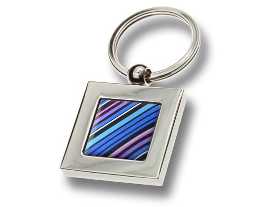 70's Tie Keyring - Aqua, Pink, Blue, Black & White Diagonal Stripes