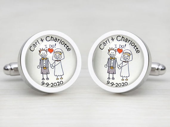 Scottish Kilt "I Do" Bride & Groom Character Personalised Wedding Cufflinks