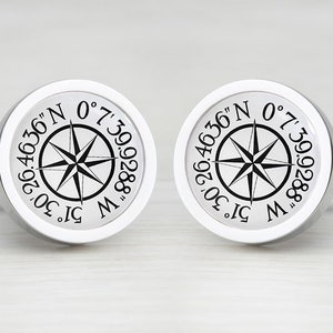 Personalized Compass GPS Coordinate Location Map Cufflinks White