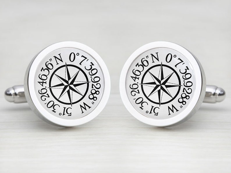 Personalized Compass GPS Coordinate Location Map Cufflinks White