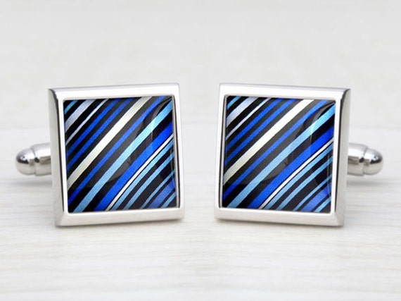 Blue, White & Black "70's Tie" Diagonal Stripes Cufflinks