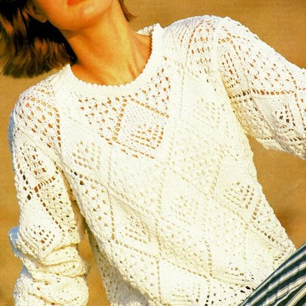 Woman's Longline Lacy Lace Diamond Sweater Tunic Round Picot Neck Summer 32- 34" Cotton DK 8 Ply Light Worsted Knitting Pattern PDF download