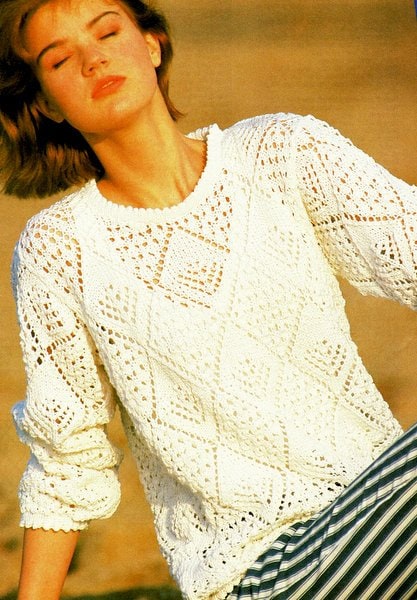 Woman's Longline Lacy Lace Diamond Sweater Tunic Round Picot Neck