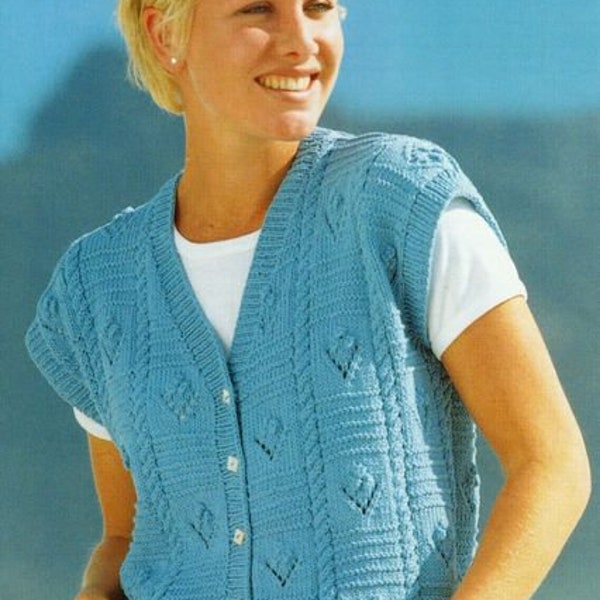 Cable Lace Rib Sleeveless Cardigan Waistcoat Vest V Neck Womens 32" - 42"~ DK 8 ply Light Worsted Knitting Pattern PDF Instant download