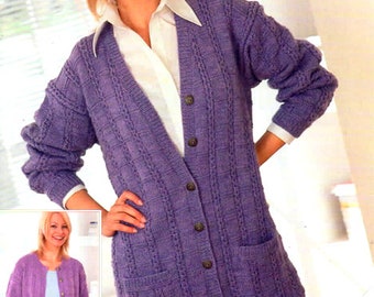 Womans Ladies Cardigan Longline Loose Fit Jacket larger Sizes 32-54" DK 8ply pdf instant download DK Knitting Pattern