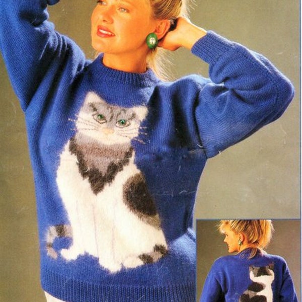 Cat Lovers Sweater Knitting Pattern PDF Instant Download, Womens Picture Jumper Intarsia, Round Neck ~  DK 8 Ply, 32-38 inch