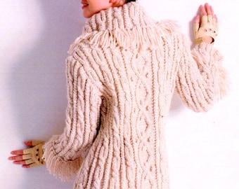 Woman Ladies Cable/Bobble 3/4 Aran Coat Fringed Collar/Cuffs 32 - 45"  ~ Aran Knitting Pattern PDF Instant download