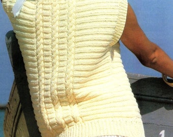 Womens Cable Slipover Round Neck Top Jumper Sweater Vest  30" - 40" Cotton DK 8 Ply Light Worsted Wool Knitting Pattern PDF download