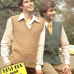 Easy Knit Men&#39;s V Neck Sleeveless Sweater Vest Slipover & Waistcoat Pullover 36&quot; - 46&quot;  DK 8 Ply Light Worsted Knitting Pattern PDF Download