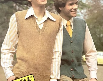 Easy Knit Men's V Neck Sleeveless Sweater Vest Slipover & Waistcoat Pullover 36" - 46"  DK 8 Ply Light Worsted Knitting Pattern PDF Download
