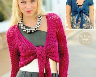 Womens Lacy Bolero Tie Front Shrug Capelet Long & Short Sleeves Larger Sizes 32 - 54" ~ DK 8 Ply Light Worsted Knitting Pattern PDF download