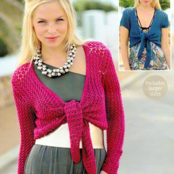 Womens Lacy Bolero Tie Front Shrug Capelet Long & Short Sleeves Larger Sizes 32 - 54" ~ DK 8 Ply Light Worsted Knitting Pattern PDF download