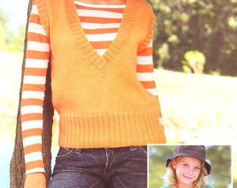 Easy Girls & Womens V or Round Neck Top Sleeveless Sweater Vest Slipover 28"-44" DK 8 Ply Light Worsted Wool Knitting Pattern PDF download