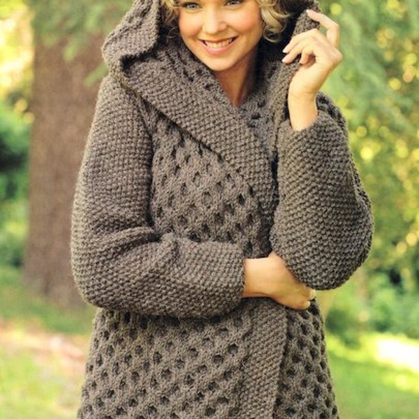 Chunky Womens Ladies  Hooded Honeycomb Pattern Jacket Coat ~  Chunky 12 Ply Wool Knitting Pattern PDF download