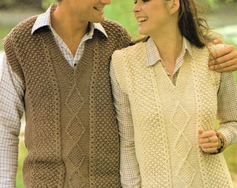 Aran V Neck Sleeveless Pullover Slipover Waistcoat Traditional Mens Womens 32" - 44"  Aran 10 Ply Worsted Knitting Pattern PDF Download