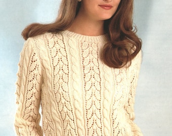Cable Lace Sweater Round Neck Drop Sleeve Womens 30" - 40" ~ DK 8 Ply Light Worsted  Knitting Pattern PDF Instant download