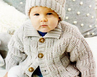 Easy Baby Cardigan Round Neck Garter Yoke Long or Short Sleeve 14 - 22"  ~ DK Wool 8ply Light Worsted Knitting Pattern pdf Download