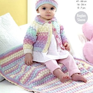 Raglan Cardigan, Hat and Blanket (approx 26 x 30.25ins) 16-26 in , 0-7 years DK Knitting Pattern PDF Instant download