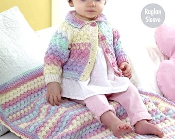 Raglan Cardigan, Hat and Blanket (approx 26 x 30.25ins) 16-26 in , 0-7 years DK Knitting Pattern PDF Instant download