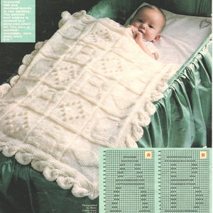 May include: A white knitted baby blanket with a diamond pattern and leaf edging. The blanket is machine washable and made of pure baby wool.