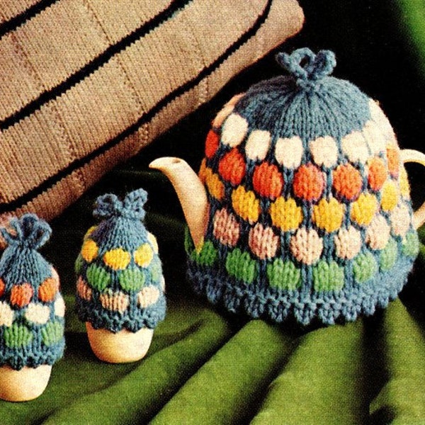 Vintage Spotty Dot Tea Cosy 2 sizes & Matching Egg Cosies Knit in 2 Halfs ~ PDF Instant Download Knitting Pattern DK ( 8 ply )