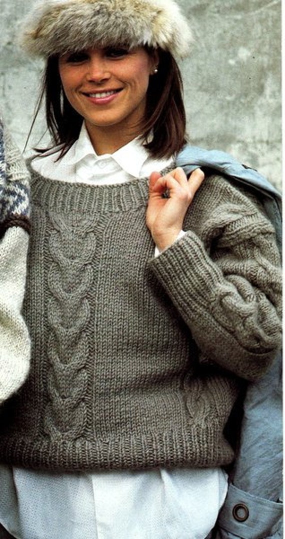 Womens Cable Sweater Drop Sleeve Low Neck Lopi Chunky Bulky 12