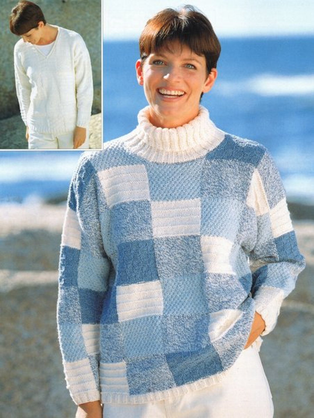 Womens Patchwork Sampler V or Polo Neck Drop Sleeve Sweater DK 32