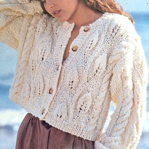 Womens Short Cropped Cable Cardigan Round Neck Leaf Motif  Knitting Pattern 30" - 38" ~ Chunky 12 Ply Pdf Download