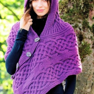 Womens Hooded  Poncho Wrap CableTextured, Hat & Shoulder Warmer One Size Chunky Bulky 12 Ply Knitting Pattern PDF Instant download