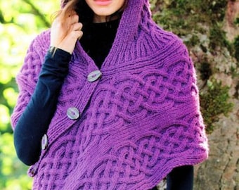 Womens Hooded  Poncho Wrap CableTextured, Hat & Shoulder Warmer One Size Chunky Bulky 12 Ply Knitting Pattern PDF Instant download