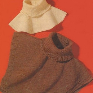 May include: Two knitted neck warmers, one brown and one cream, with a turtleneck style.