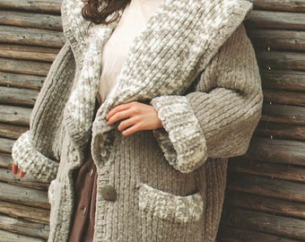 Womens Cardigan Coat Jacket with Wide Collar Pockets Cuffs Size 12 -16 ~ Super Bulky Chenille Wool Knitting Pattern PDF Download