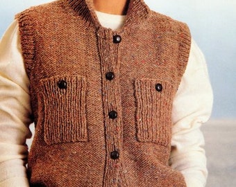 Womans Easy Button Front Sleeveless Cardigan Vest Waistcoat Pockets Collar  32" - 42" ~ Chunky 14 ply Knitting Pattern PDF Instant download