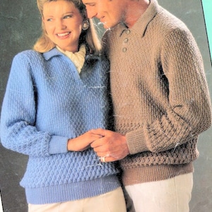 Polo Shirt Button Neck Collar Sweater Mans Womans Moss Stitch Textured 30&quot; - 44&quot; ~  DK 8 Ply Light Worsted Knitting Pattern PDF Download