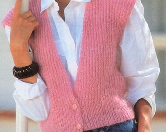 Rib V Neck Button Waist Waistcoat Vest Top Womans  32" - 38" ~ Chunky Bulky 12 Ply Knitting Pattern PDF Instant download