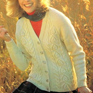 Womens Leaf Design Cabled V Neck Raglan Aran Jacket/Cardigan 34"- 40" DK 8 Ply Light Worsted Knitting Pattern PDF Instant download