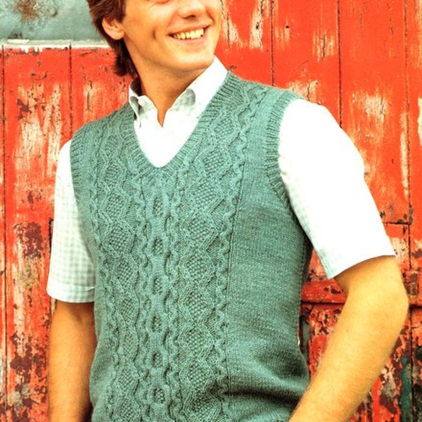 Vintage Men's Cabled Aran Style V Neck Sleeveless Slipover Waistcoat Pullover 34 - 48"  DK 8 Ply Light Worsted Knitting Pattern PDF Download