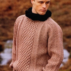 Mens Aran Sweater Round Neck Raglan Sleeve with Honeycomb and Cables 32" - 44"  ~ Aran 10 Ply Knitting Pattern Instant PDF Download