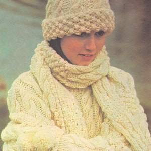 Aran Bramble Set Pattern, Hat, Scarf, Pom Pom Mitts & Jumper Cardigan Woman&#39;s 34&quot; - 40&quot;  ~ Aran 10 Ply Knitting Pattern PDF Instant Download