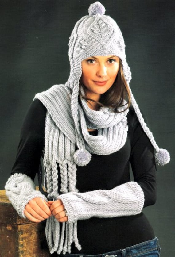 Chunky Cabled Hat Fingerless Mitts Plaited Scarf Woman Cable Rib