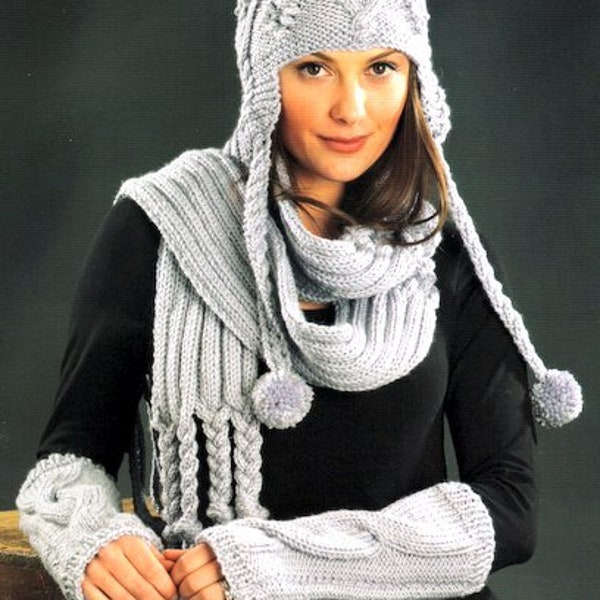 Chunky Cabled Hat Fingerless Mitts & Plaited Scarf Woman Cable Rib  Knitting Pattern  ~Chunky 12 Ply Wool  PDF Instant download